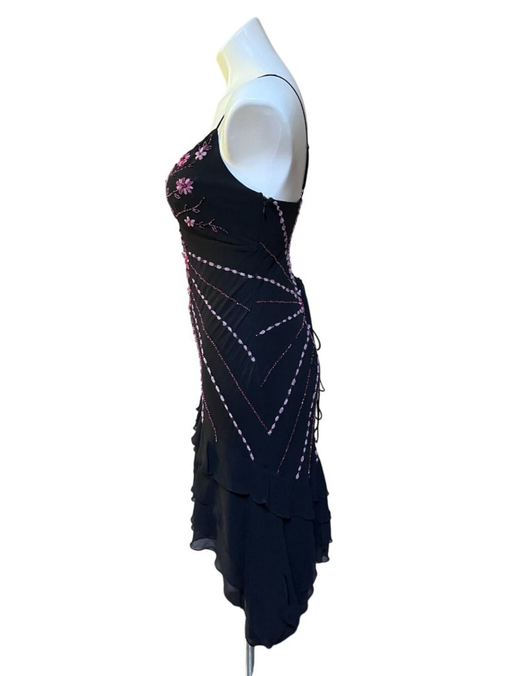 Sue Wong Silk Y2K Fairy Dress Pink Floral Beading Handkerchief Hem Lace-Up Back - Picture 7 of 11